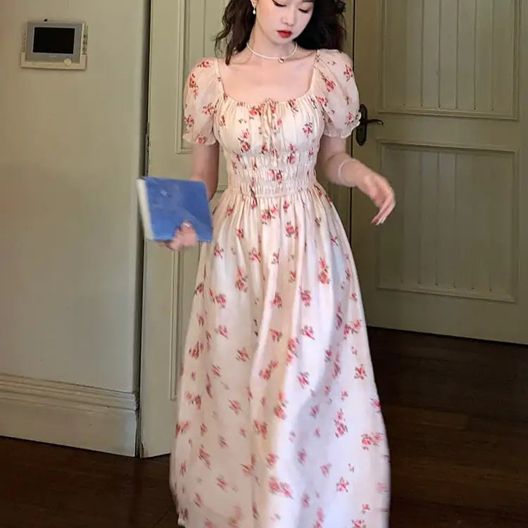 French Retro Floral Square Neck Dress