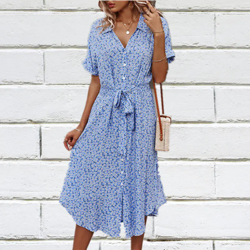 Floral V-neck Chiffon Dress with Waist Detail