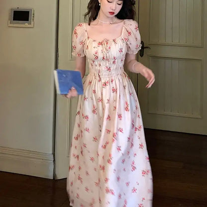 French Retro Floral Square Neck Dress